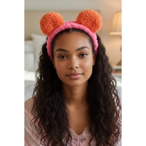 Fuşya Ve Turuncu Renk Kulak Detaylı Peluş Saç Bandı