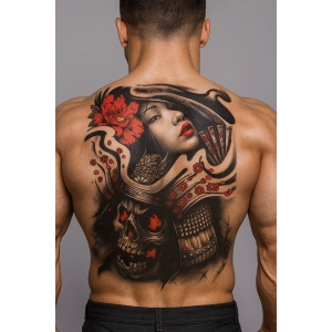 Geçici Kadın ve Kurukafa Modelli Sırt Dövme Tattoo