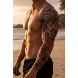 Geçici Kaplan ve Çiçek Kol Dövme Tattoo