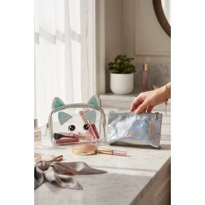 Gri Renk 3lü Makyaj Çantası