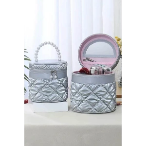 Gri Renk İnci Detaylı Makyaj Ve Kişisel Bakım Çantası