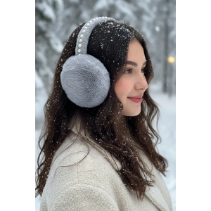 Gri Renk İnci Detaylı Peluş Kulaklık