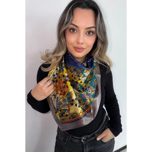 Gri Renk Karışık Desenli Saten Şal/Fular