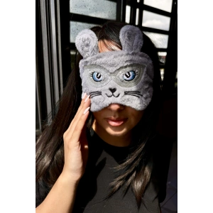 Gri Renk Kedi Figürlü Peluş Uyku Bandı