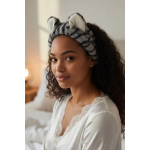 Gri Renk Kulak Detaylı Peluş Saç Bandı