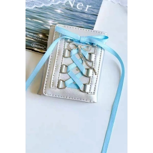 Gri Renk Mavi Kurdele Detaylı Kadın Cüzdan/ Kartlık