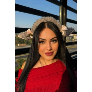 Gri Renk Peluş Zil Detaylı Kuzu Kulağı Taç
