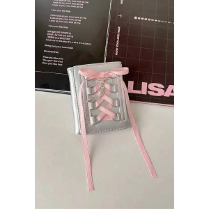 Gri Renk Pembe Kurdele Detaylı Kadın Cüzdan/ Kartlık