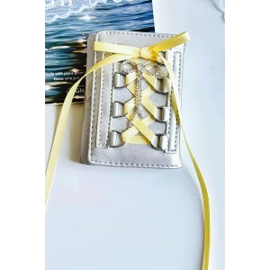 Gri Renk Sarı Kurdele Detaylı Kadın Cüzdan/ Kartlık