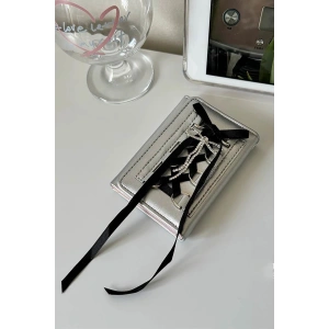 Gri Renk Siyah Kurdele Detaylı Kadın Cüzdan/ Kartlık