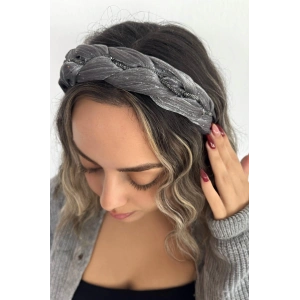 Gri Renk Taş Detaylı Örgülü Taç