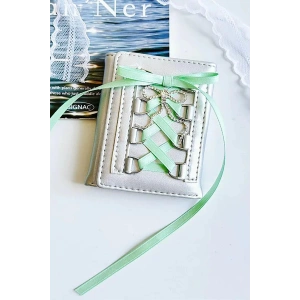 Gri Renk Yeşil Kurdele Detaylı Kadın Cüzdan/ Kartlık