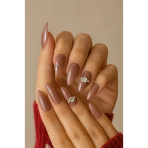 Gül Kurusu Renk Taş Detaylı Jel Tırnak Görünümlü 10lu Takma Tınak Set (Yapıştırıcılı)