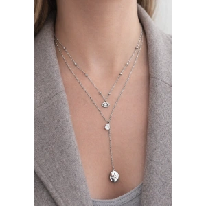 Gümüş Renk 2lİ Zincir Detaylı Taş Detay Çelik Y Kolye