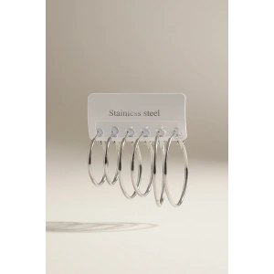 Gümüş Renk 6lı Halka Detaylı Çelik Küpe Set