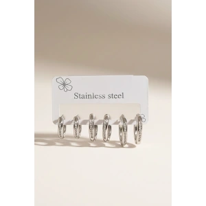 Gümüş Renk 6lı Halka Detaylı Taşlı  Çelik Küpe Set