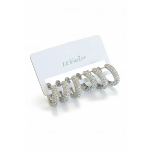 Gümüş Renk 6lı Taş Detaylı TX 14K Altın Kaplama Küpe Set