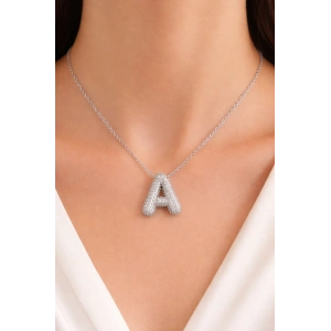Gümüş Renk A Harf Taş Detaylı Çelik Kolye