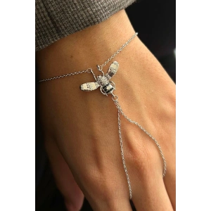 Gümüş Renk Arı Figürlü Taş Detaylı 14K Altın Kaplama TX Şahmeran