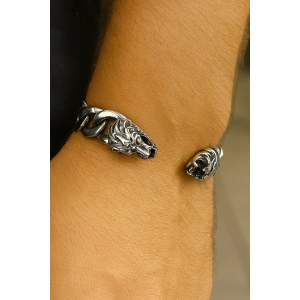 Gümüş Renk Aslan Figürlü Erkek Çelik Kelepçe Bileklik