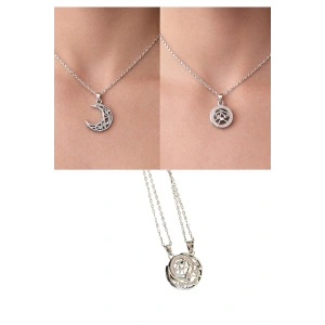 Gümüş Renk Ay Detaylı İkili Mıknatıslı Çelik Arkadaşlık Kolyesi