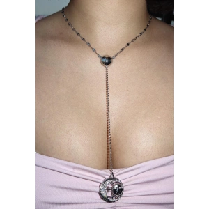 Gümüş Renk Ay Ve Yıldız Figürlü Taş Detaylı Y Kolye