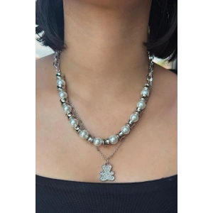 Gümüş Renk Ayı Figürlü İnci Detaylı  Çoklu Kolye