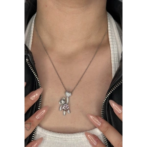 Gümüş Renk Ayıcık Figürlü Taş Detaylı YSX Kolye