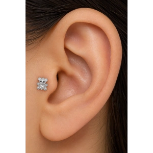 Gümüş  Renk Ayıcık Figürlü   Taşlı Cerrahi Çelik Tragus/Kıkırdak Küpe/Piercing (Tek)