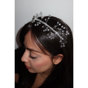 Gümüş Renk Boncuk Detaylı Saç Aksesuarı/ Alınlık