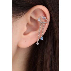 Gümüş Renk Bulut Figürlü Taş Detaylı Cerrahi Çelik Tragus/Kıkırdak Küpe/Piercing (Tek)