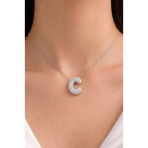 Gümüş Renk C Harf Taş Detaylı Çelik Kolye