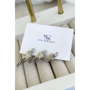Gümüş Renk Çarpı Detaylı VİP 3lü YSX Küpe Set