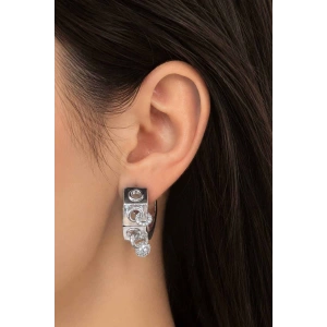 Gümüş Renk Charm Detaylı TX Halka Küpe (Çift)