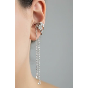 Gümüş Renk Çiçek Figürlü 14K Altın Kaplama Kulak Aksesuarı (Tek)