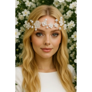 Gümüş Renk Çiçek Figürlü İnci Detaylı Saç Aksesuarı/ Alınlık