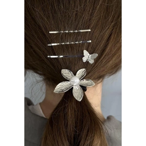 Gümüş Renk Çiçek Figürlü Lastik Toka Ve Tel Toka Set