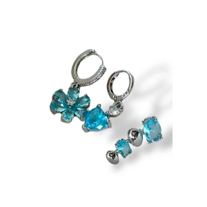 Gümüş Renk Çiçek Figürlü Mavi Taş Detaylı VİP 3lü YSX Küpe Set