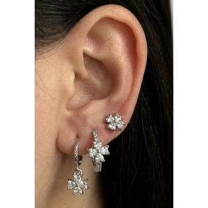 Gümüş Renk Çiçek Figürlü Taş Detaylı 3lü YSX Küpe