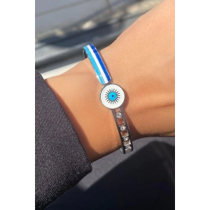 Gümüş Renk Çiçek Figürlü Taş Detaylı Çelik Kelepçe Bileklik