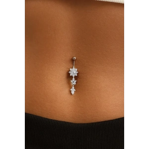 Gümüş Renk Çiçek Figürlü Taş Detaylı Cerrahi Çelik Göbek Piercing