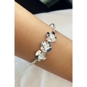Gümüş Renk Çiçek Figürlü Taş Detaylı Kelepçe Bileklik