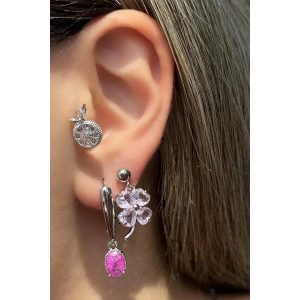 Gümüş Renk Çiçek Figürlü Taş Detaylı VİP 3lü YSX Küpe Set