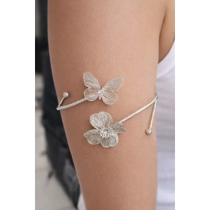 Gümüş Renk Çiçek Ve Kelebek Figürlü Tasarım Bileklik Kol Aksesuarı