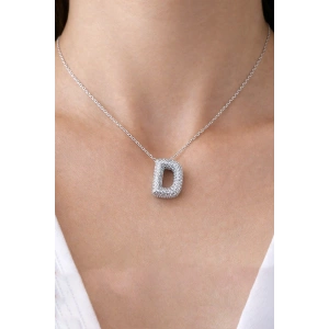 Gümüş Renk D Harf Taş Detaylı Çelik Kolye