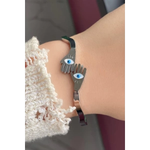Gümüş Renk El Figürlü Göz Detaylı Çelik Kelepçe Bileklik