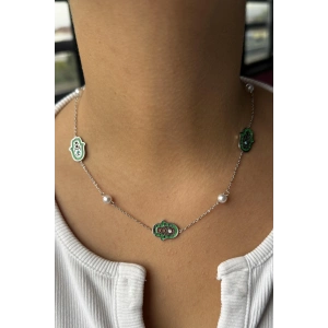 Gümüş Renk El Figürlü İnci Detaylı Çelik Kolye