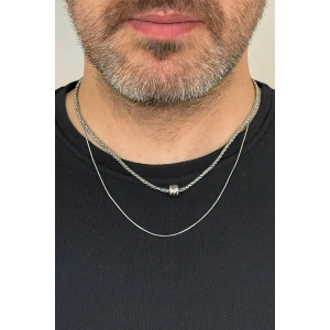 Gümüş Renk Erkek İkili Zincir Çelik Kolye