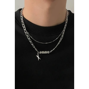 Gümüş Renk Erkek İkili Zincir Çelik Kolye