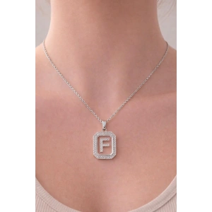 Gümüş Renk F Harf Taş Detaylı Çelik Kolye